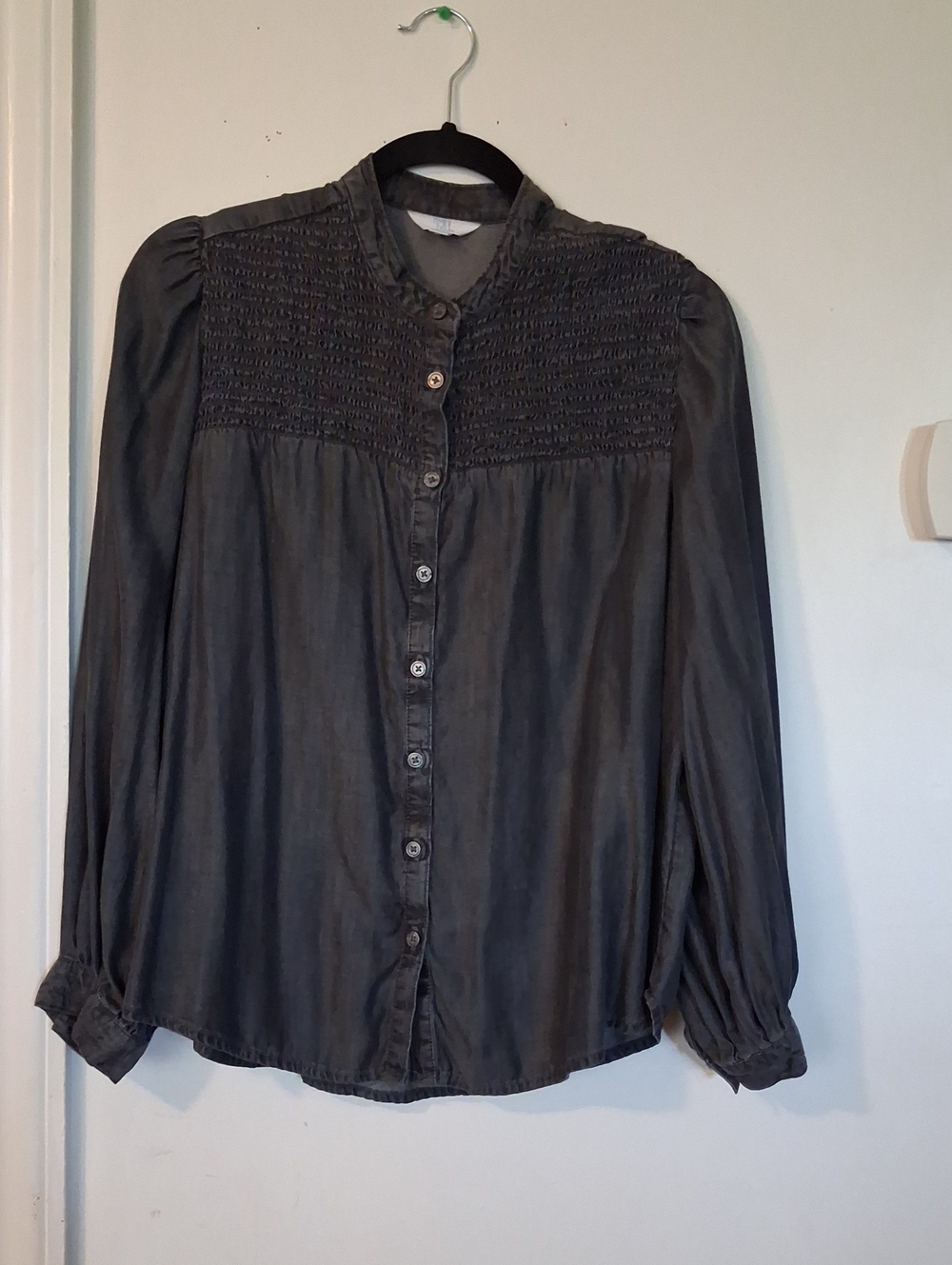 Time and Tru Charcoal Black Smocked Yoke Button-Down Blouse